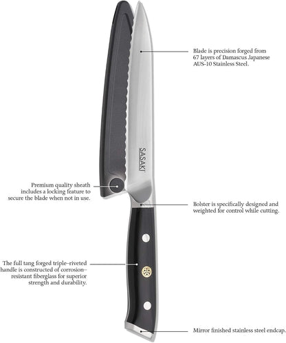 5228194 Masuta Japanese AUS-10 Stainless Steel Santoku Knife with Locking Sheath, 7-Inch