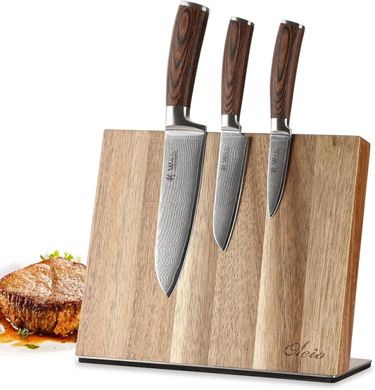 EDIB Magnetic Kitchen Knife Block Set, VG10 Damascus, 3-Piece Knives | Three VG10 Damascus chef knives with 67-layer steel blades, santoku knife set and magnetic knife block, pakkawood handles.