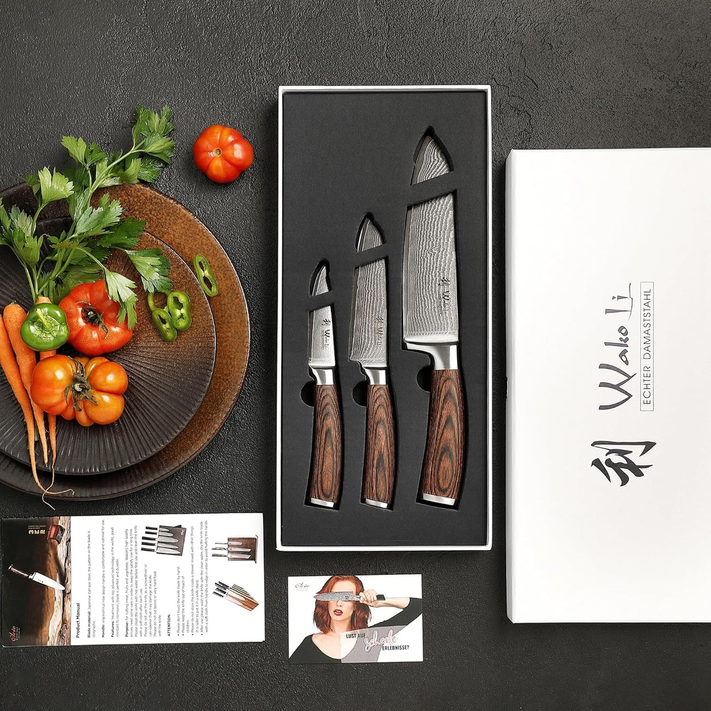 EDIB Magnetic Kitchen Knife Block Set, VG10 Damascus, 3-Piece Knives | Three VG10 Damascus chef knives with 67-layer steel blades, santoku knife set and magnetic knife block, pakkawood handles.