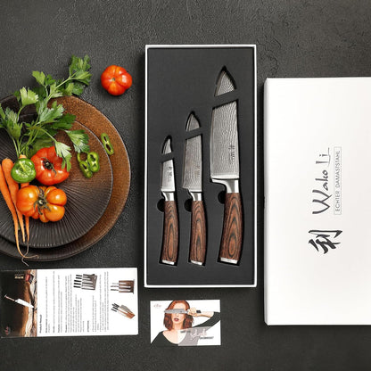 EDIB Magnetic Kitchen Knife Block Set, VG10 Damascus, 3-Piece Knives | Three VG10 Damascus chef knives with 67-layer steel blades, santoku knife set and magnetic knife block, pakkawood handles.
