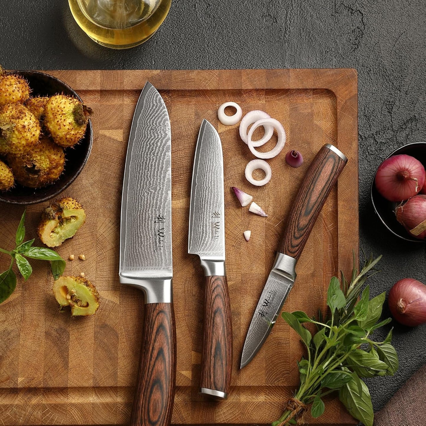 EDIB Magnetic Kitchen Knife Block Set, VG10 Damascus, 3-Piece Knives | Three VG10 Damascus chef knives with 67-layer steel blades, santoku knife set and magnetic knife block, pakkawood handles.