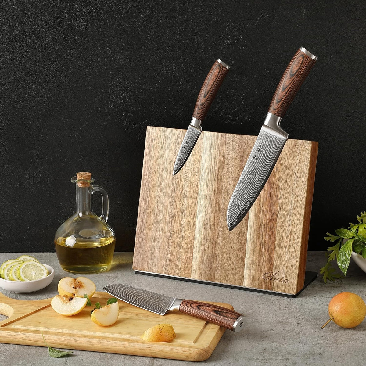 EDIB Magnetic Kitchen Knife Block Set, VG10 Damascus, 3-Piece Knives | Three VG10 Damascus chef knives with 67-layer steel blades, santoku knife set and magnetic knife block, pakkawood handles.