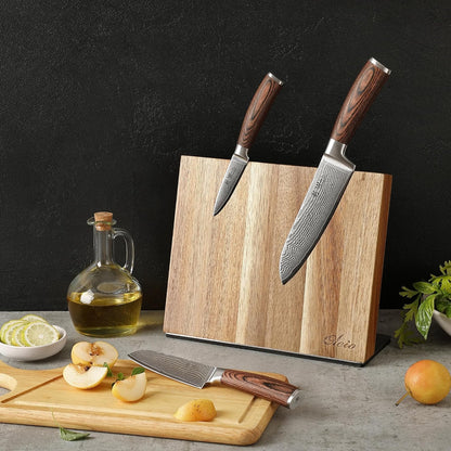 EDIB Magnetic Kitchen Knife Block Set, VG10 Damascus, 3-Piece Knives | Three VG10 Damascus chef knives with 67-layer steel blades, santoku knife set and magnetic knife block, pakkawood handles.
