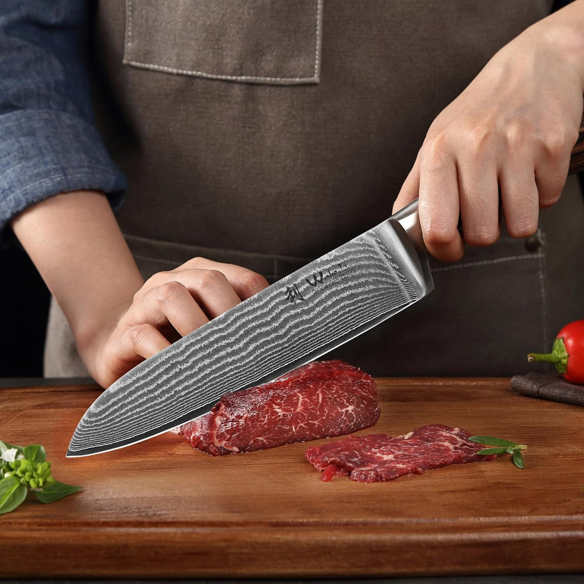 EDIB Magnetic Kitchen Knife Block Set, VG10 Damascus, 3-Piece Knives | Three VG10 Damascus chef knives with 67-layer steel blades, santoku knife set and magnetic knife block, pakkawood handles.