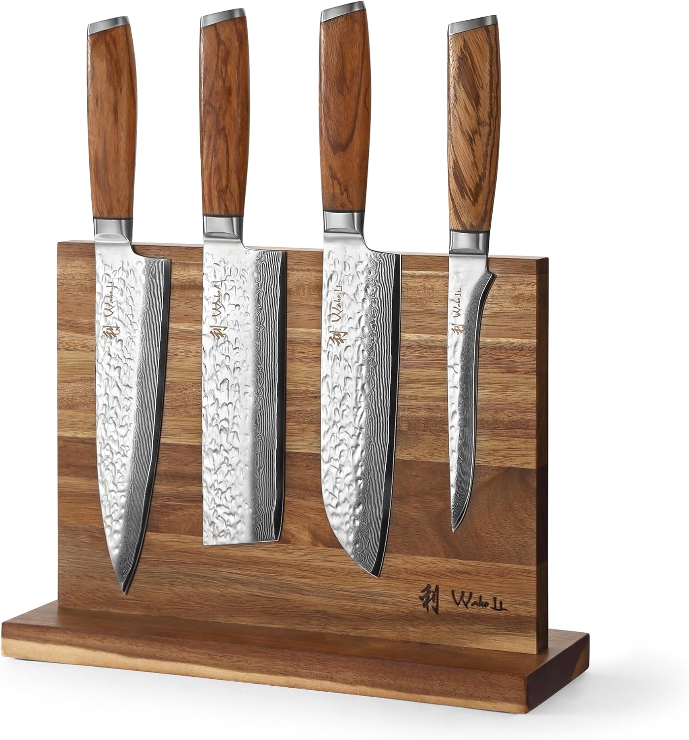 EDIB Magnetic Kitchen Knife Block Set, VG10 Damascus, 3-Piece Knives | Three VG10 Damascus chef knives with 67-layer steel blades, santoku knife set and magnetic knife block, pakkawood handles.