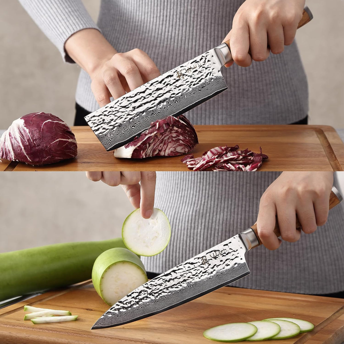 EDIB Magnetic Kitchen Knife Block Set, VG10 Damascus, 3-Piece Knives | Three VG10 Damascus chef knives with 67-layer steel blades, santoku knife set and magnetic knife block, pakkawood handles.