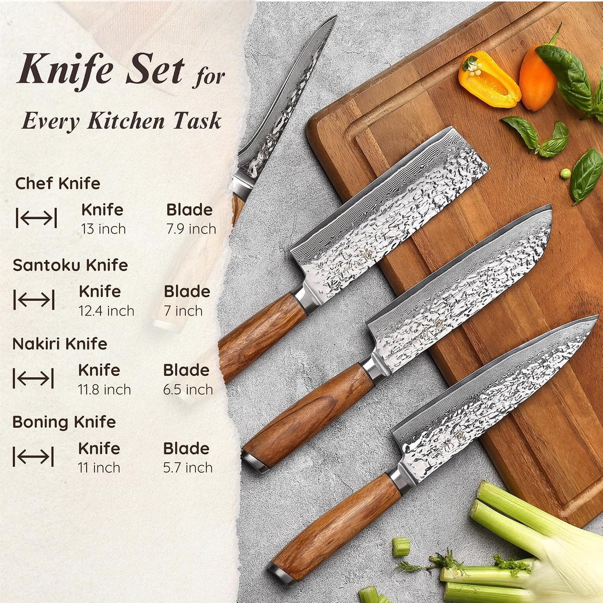 EDIB Magnetic Kitchen Knife Block Set, VG10 Damascus, 3-Piece Knives | Three VG10 Damascus chef knives with 67-layer steel blades, santoku knife set and magnetic knife block, pakkawood handles.
