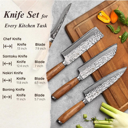 EDIB Magnetic Kitchen Knife Block Set, VG10 Damascus, 3-Piece Knives | Three VG10 Damascus chef knives with 67-layer steel blades, santoku knife set and magnetic knife block, pakkawood handles.
