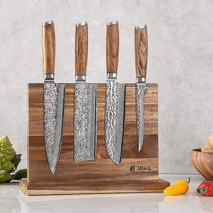 EDIB Magnetic Kitchen Knife Block Set, VG10 Damascus, 3-Piece Knives | Three VG10 Damascus chef knives with 67-layer steel blades, santoku knife set and magnetic knife block, pakkawood handles.
