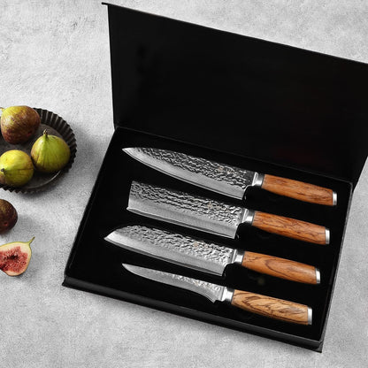 EDIB Magnetic Kitchen Knife Block Set, VG10 Damascus, 3-Piece Knives | Three VG10 Damascus chef knives with 67-layer steel blades, santoku knife set and magnetic knife block, pakkawood handles.