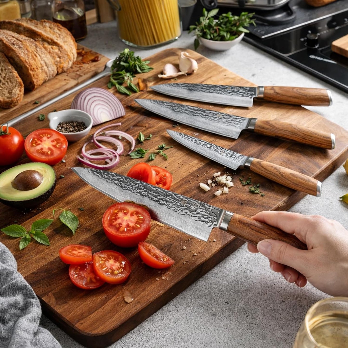 EDIB Magnetic Kitchen Knife Block Set, VG10 Damascus, 3-Piece Knives | Three VG10 Damascus chef knives with 67-layer steel blades, santoku knife set and magnetic knife block, pakkawood handles.