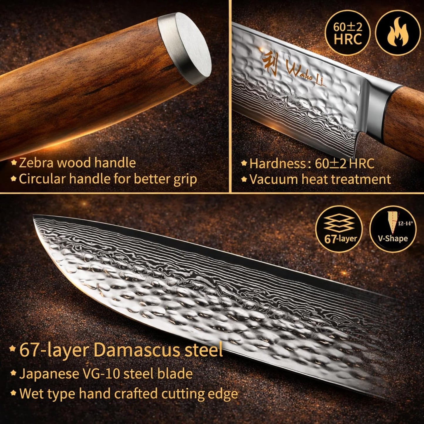 EDIB Magnetic Kitchen Knife Block Set, VG10 Damascus, 3-Piece Knives | Three VG10 Damascus chef knives with 67-layer steel blades, santoku knife set and magnetic knife block, pakkawood handles.