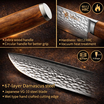 EDIB Magnetic Kitchen Knife Block Set, VG10 Damascus, 3-Piece Knives | Three VG10 Damascus chef knives with 67-layer steel blades, santoku knife set and magnetic knife block, pakkawood handles.