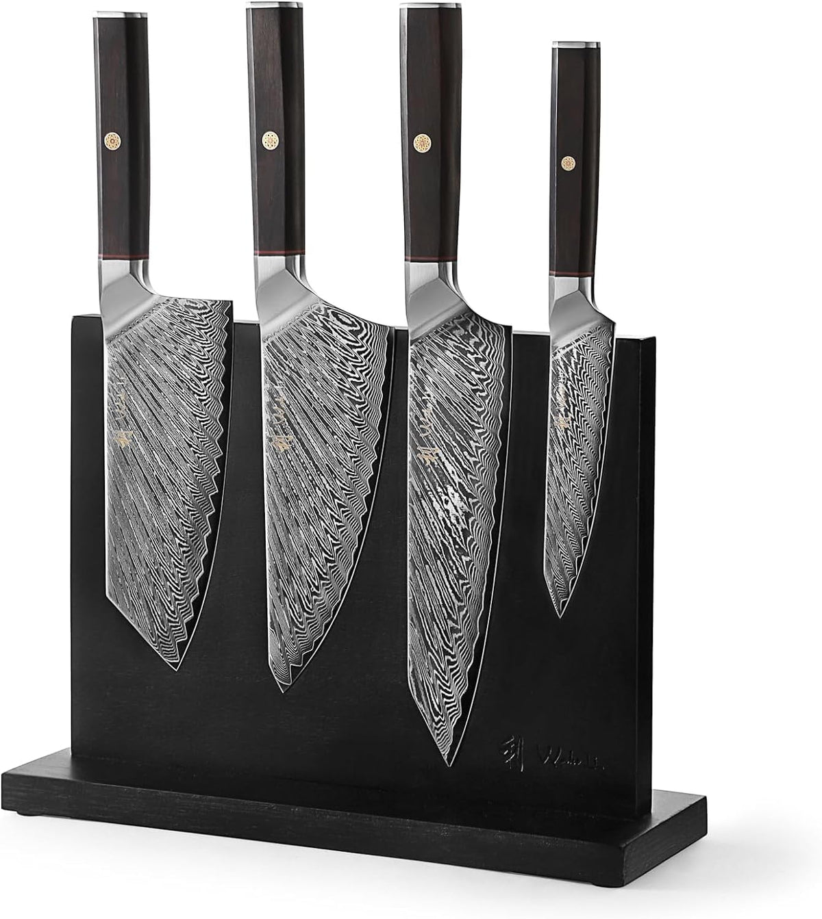 EDIB Magnetic Kitchen Knife Block Set, VG10 Damascus, 3-Piece Knives | Three VG10 Damascus chef knives with 67-layer steel blades, santoku knife set and magnetic knife block, pakkawood handles.