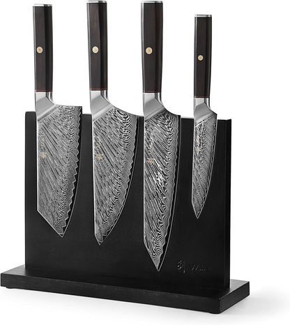 EDIB Magnetic Kitchen Knife Block Set, VG10 Damascus, 3-Piece Knives | Three VG10 Damascus chef knives with 67-layer steel blades, santoku knife set and magnetic knife block, pakkawood handles.
