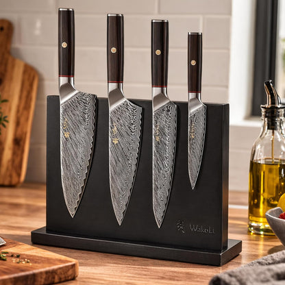EDIB Magnetic Kitchen Knife Block Set, VG10 Damascus, 3-Piece Knives | Three VG10 Damascus chef knives with 67-layer steel blades, santoku knife set and magnetic knife block, pakkawood handles.
