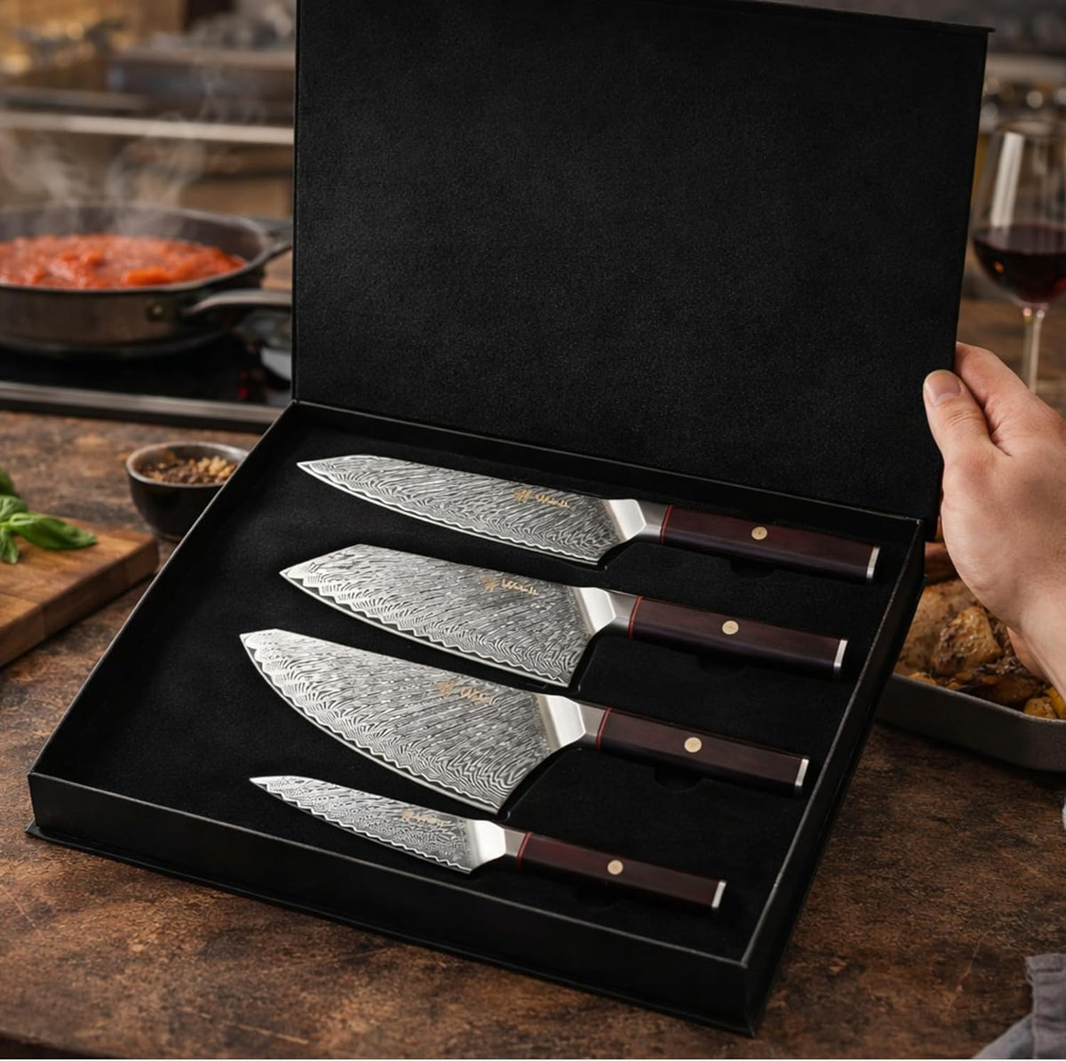 EDIB Magnetic Kitchen Knife Block Set, VG10 Damascus, 3-Piece Knives | Three VG10 Damascus chef knives with 67-layer steel blades, santoku knife set and magnetic knife block, pakkawood handles.