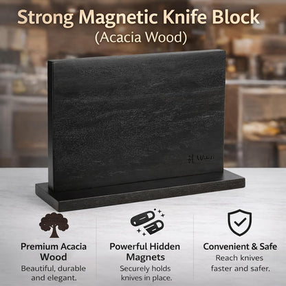 EDIB Magnetic Kitchen Knife Block Set, VG10 Damascus, 3-Piece Knives | Three VG10 Damascus chef knives with 67-layer steel blades, santoku knife set and magnetic knife block, pakkawood handles.