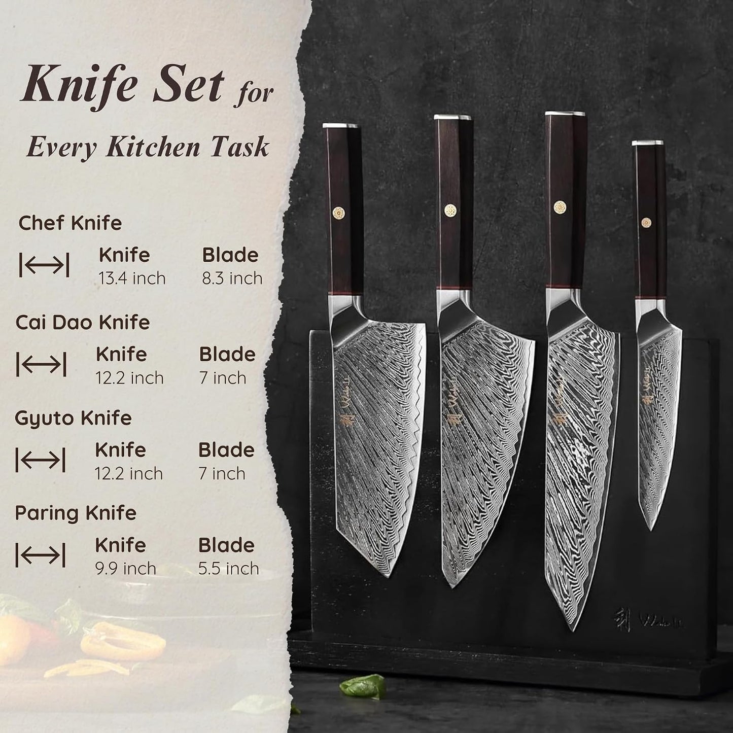 EDIB Magnetic Kitchen Knife Block Set, VG10 Damascus, 3-Piece Knives | Three VG10 Damascus chef knives with 67-layer steel blades, santoku knife set and magnetic knife block, pakkawood handles.