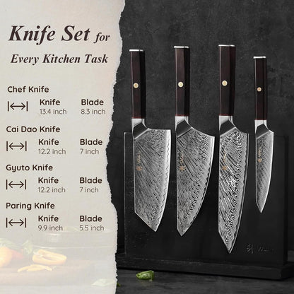 EDIB Magnetic Kitchen Knife Block Set, VG10 Damascus, 3-Piece Knives | Three VG10 Damascus chef knives with 67-layer steel blades, santoku knife set and magnetic knife block, pakkawood handles.