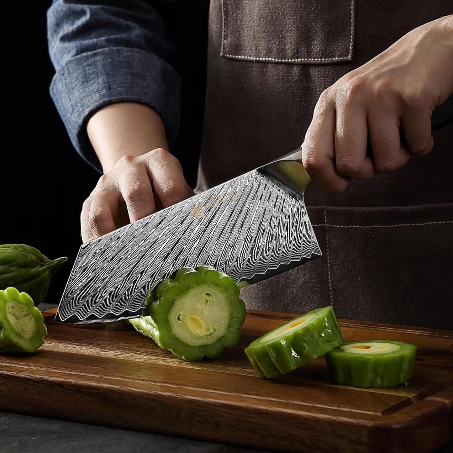 EDIB Magnetic Kitchen Knife Block Set, VG10 Damascus, 3-Piece Knives | Three VG10 Damascus chef knives with 67-layer steel blades, santoku knife set and magnetic knife block, pakkawood handles.