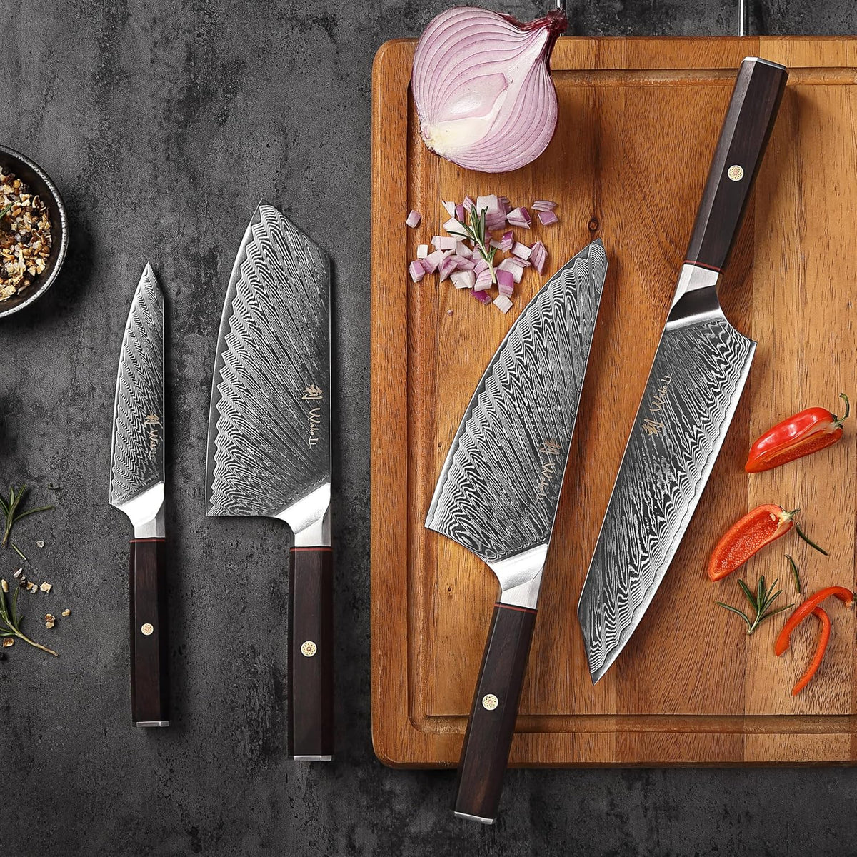 EDIB Magnetic Kitchen Knife Block Set, VG10 Damascus, 3-Piece Knives | Three VG10 Damascus chef knives with 67-layer steel blades, santoku knife set and magnetic knife block, pakkawood handles.