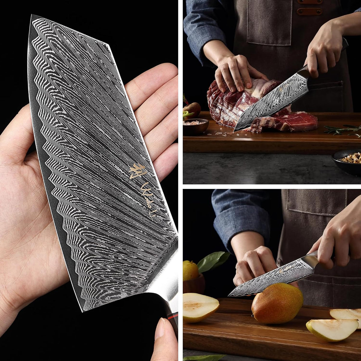 EDIB Magnetic Kitchen Knife Block Set, VG10 Damascus, 3-Piece Knives | Three VG10 Damascus chef knives with 67-layer steel blades, santoku knife set and magnetic knife block, pakkawood handles.