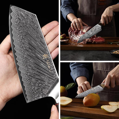 EDIB Magnetic Kitchen Knife Block Set, VG10 Damascus, 3-Piece Knives | Three VG10 Damascus chef knives with 67-layer steel blades, santoku knife set and magnetic knife block, pakkawood handles.