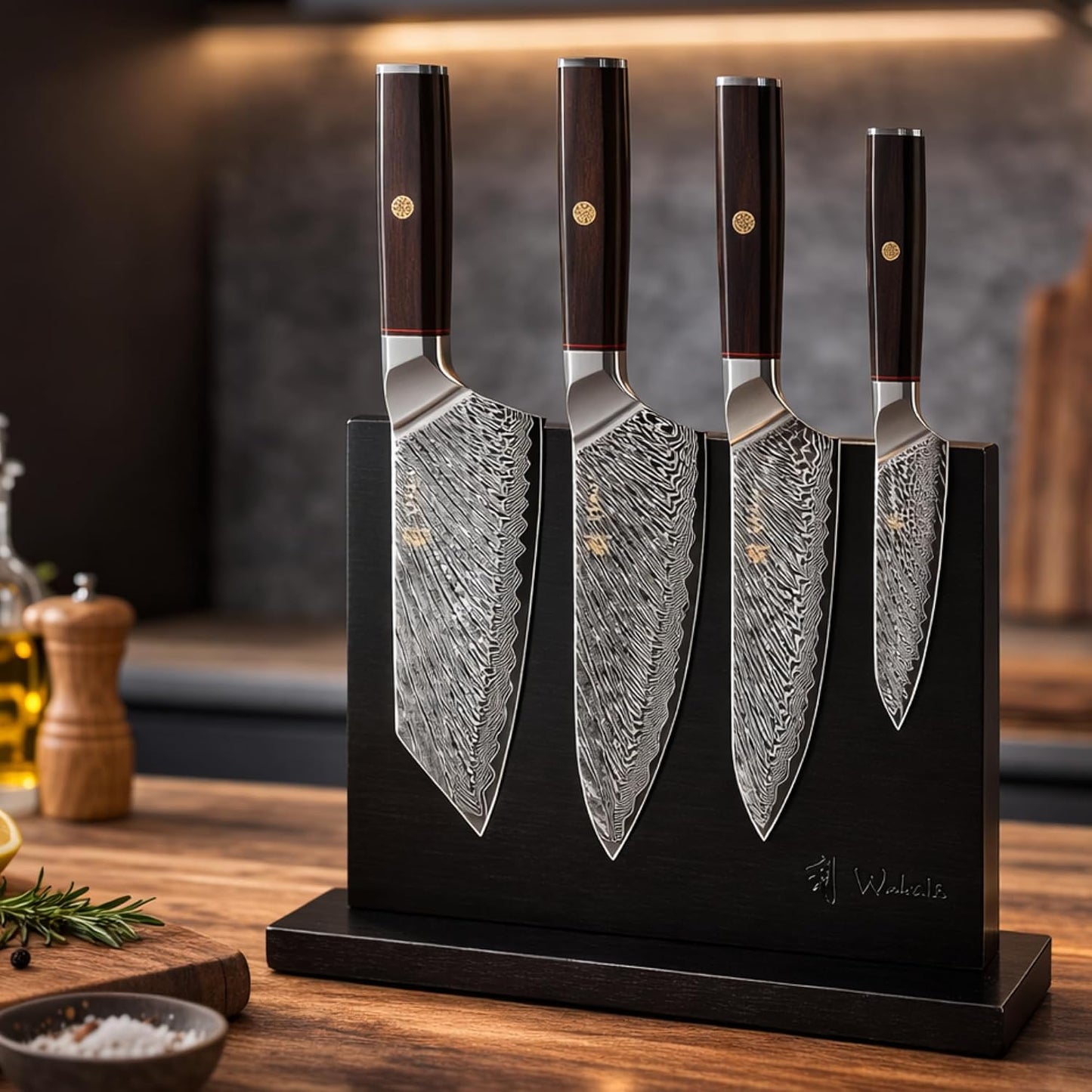 EDIB Magnetic Kitchen Knife Block Set, VG10 Damascus, 3-Piece Knives | Three VG10 Damascus chef knives with 67-layer steel blades, santoku knife set and magnetic knife block, pakkawood handles.