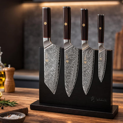 EDIB Magnetic Kitchen Knife Block Set, VG10 Damascus, 3-Piece Knives | Three VG10 Damascus chef knives with 67-layer steel blades, santoku knife set and magnetic knife block, pakkawood handles.