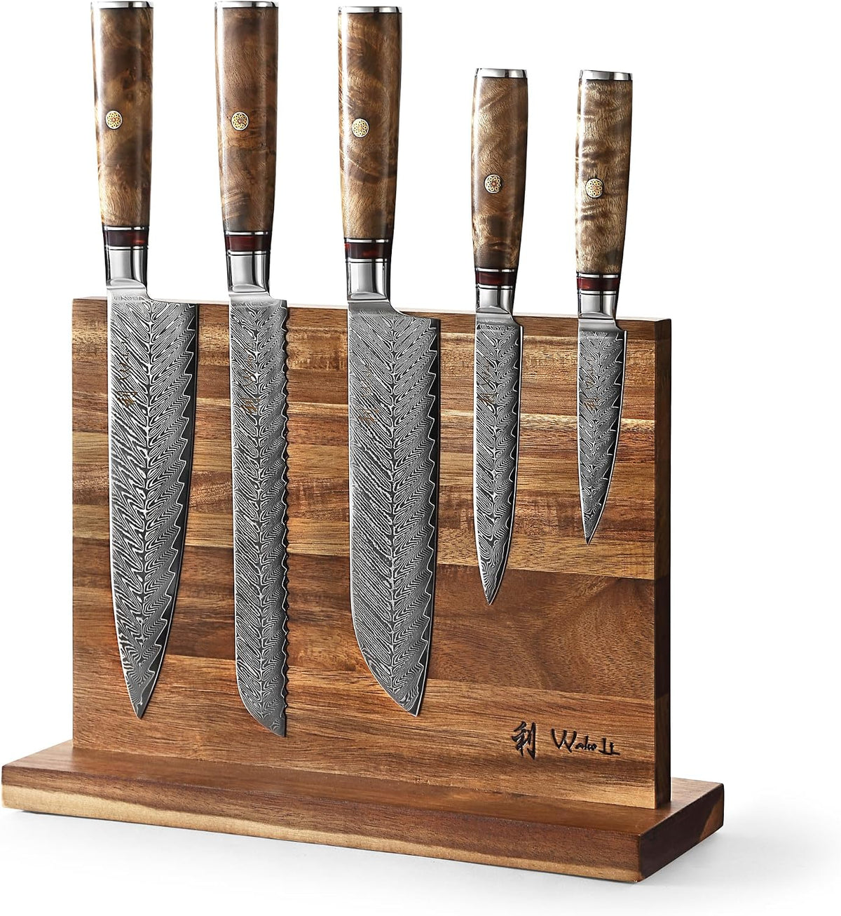 EDIB Magnetic Kitchen Knife Block Set, VG10 Damascus, 3-Piece Knives | Three VG10 Damascus chef knives with 67-layer steel blades, santoku knife set and magnetic knife block, pakkawood handles.