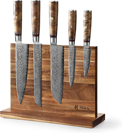 EDIB Magnetic Kitchen Knife Block Set, VG10 Damascus, 3-Piece Knives | Three VG10 Damascus chef knives with 67-layer steel blades, santoku knife set and magnetic knife block, pakkawood handles.