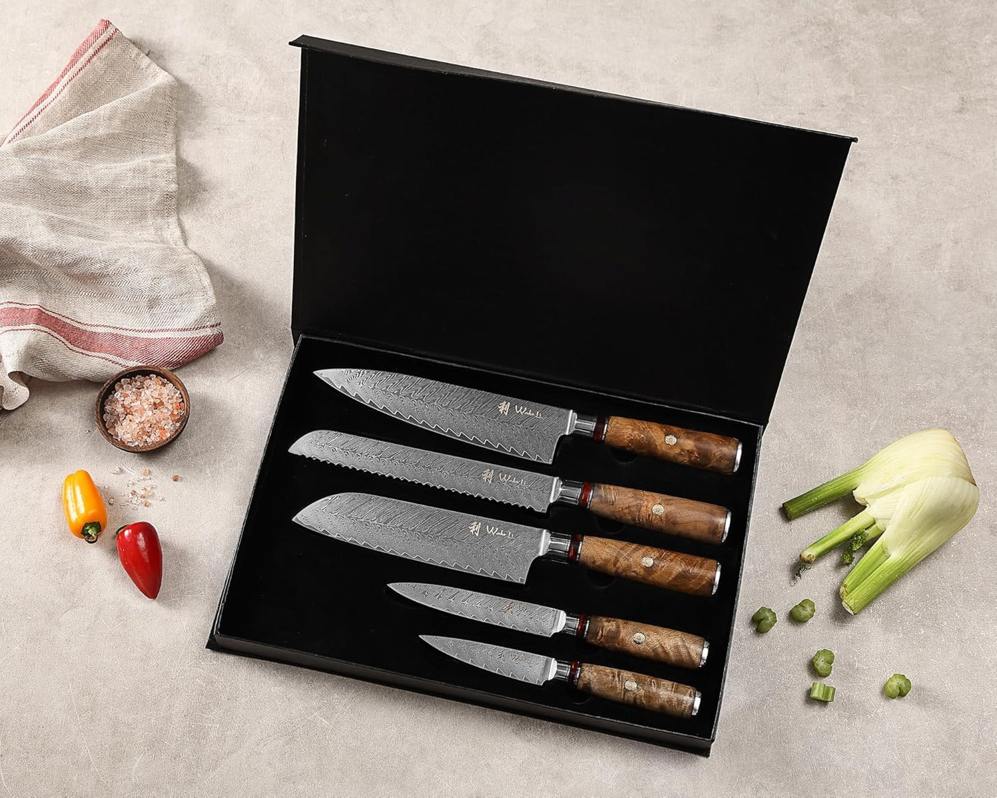 EDIB Magnetic Kitchen Knife Block Set, VG10 Damascus, 3-Piece Knives | Three VG10 Damascus chef knives with 67-layer steel blades, santoku knife set and magnetic knife block, pakkawood handles.