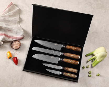 EDIB Magnetic Kitchen Knife Block Set, VG10 Damascus, 3-Piece Knives | Three VG10 Damascus chef knives with 67-layer steel blades, santoku knife set and magnetic knife block, pakkawood handles.
