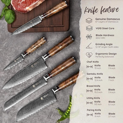 EDIB Magnetic Kitchen Knife Block Set, VG10 Damascus, 3-Piece Knives | Three VG10 Damascus chef knives with 67-layer steel blades, santoku knife set and magnetic knife block, pakkawood handles.