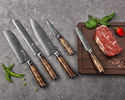 EDIB Magnetic Kitchen Knife Block Set, VG10 Damascus, 3-Piece Knives | Three VG10 Damascus chef knives with 67-layer steel blades, santoku knife set and magnetic knife block, pakkawood handles.
