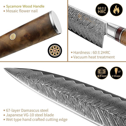 EDIB Magnetic Kitchen Knife Block Set, VG10 Damascus, 3-Piece Knives | Three VG10 Damascus chef knives with 67-layer steel blades, santoku knife set and magnetic knife block, pakkawood handles.