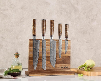 EDIB Magnetic Kitchen Knife Block Set, VG10 Damascus, 3-Piece Knives | Three VG10 Damascus chef knives with 67-layer steel blades, santoku knife set and magnetic knife block, pakkawood handles.