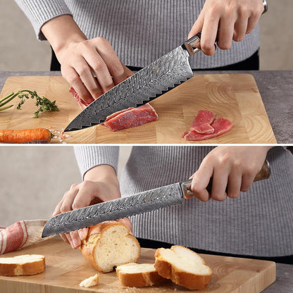 EDIB Magnetic Kitchen Knife Block Set, VG10 Damascus, 3-Piece Knives | Three VG10 Damascus chef knives with 67-layer steel blades, santoku knife set and magnetic knife block, pakkawood handles.