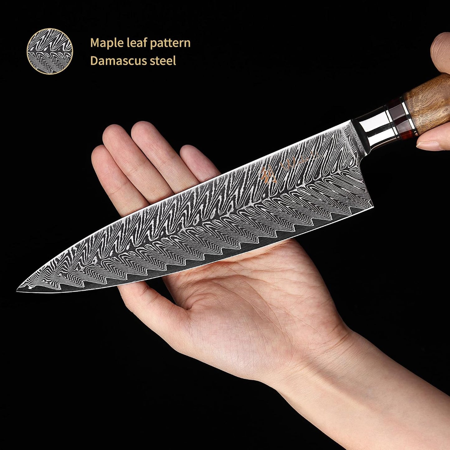 EDIB Magnetic Kitchen Knife Block Set, VG10 Damascus, 3-Piece Knives | Three VG10 Damascus chef knives with 67-layer steel blades, santoku knife set and magnetic knife block, pakkawood handles.