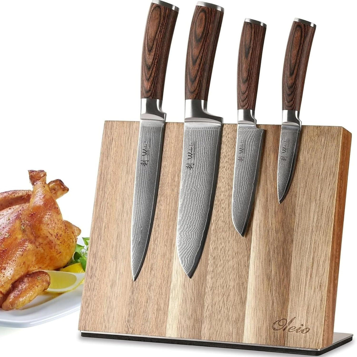 EDIB Magnetic Kitchen Knife Block Set, VG10 Damascus, 3-Piece Knives | Three VG10 Damascus chef knives with 67-layer steel blades, santoku knife set and magnetic knife block, pakkawood handles.