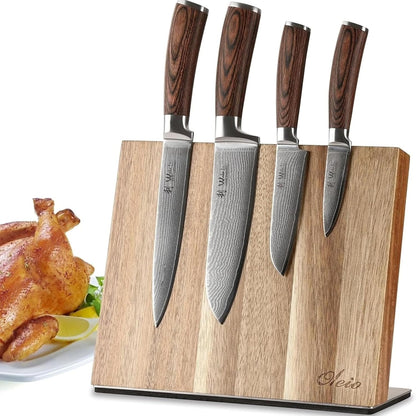 EDIB Magnetic Kitchen Knife Block Set, VG10 Damascus, 3-Piece Knives | Three VG10 Damascus chef knives with 67-layer steel blades, santoku knife set and magnetic knife block, pakkawood handles.