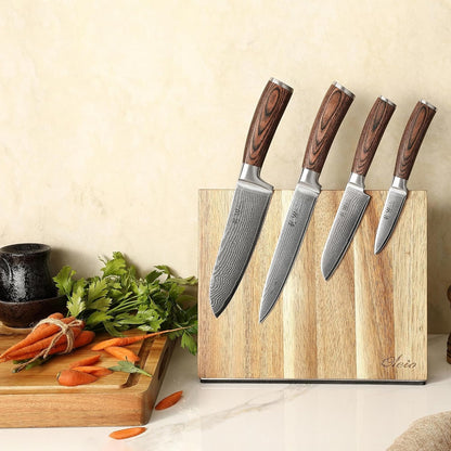 EDIB Magnetic Kitchen Knife Block Set, VG10 Damascus, 3-Piece Knives | Three VG10 Damascus chef knives with 67-layer steel blades, santoku knife set and magnetic knife block, pakkawood handles.