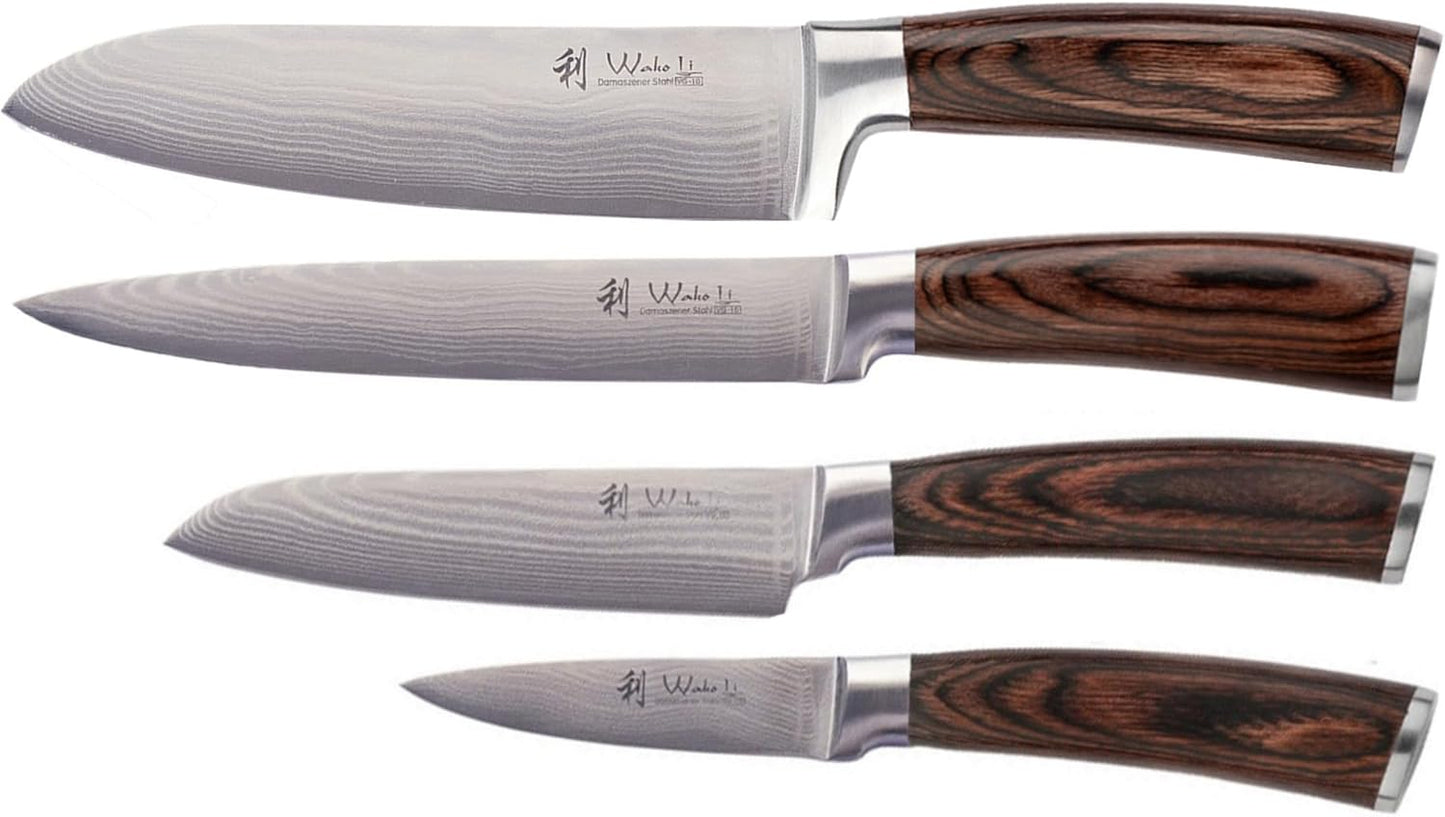 EDIB Magnetic Kitchen Knife Block Set, VG10 Damascus, 3-Piece Knives | Three VG10 Damascus chef knives with 67-layer steel blades, santoku knife set and magnetic knife block, pakkawood handles.