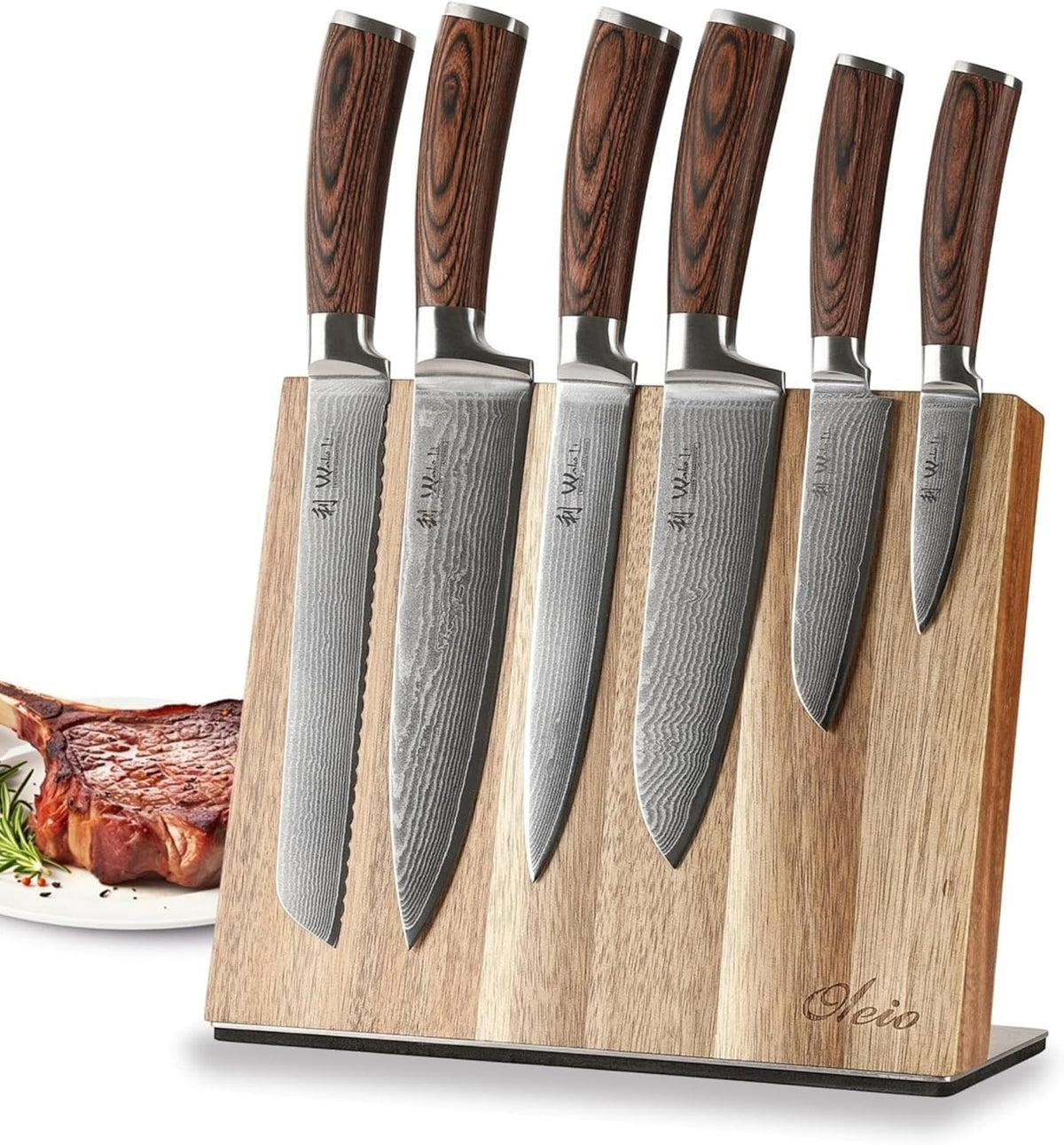 EDIB Magnetic Kitchen Knife Block Set, VG10 Damascus, 3-Piece Knives | Three VG10 Damascus chef knives with 67-layer steel blades, santoku knife set and magnetic knife block, pakkawood handles.