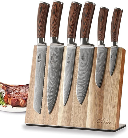 EDIB Magnetic Kitchen Knife Block Set, VG10 Damascus, 3-Piece Knives | Three VG10 Damascus chef knives with 67-layer steel blades, santoku knife set and magnetic knife block, pakkawood handles.