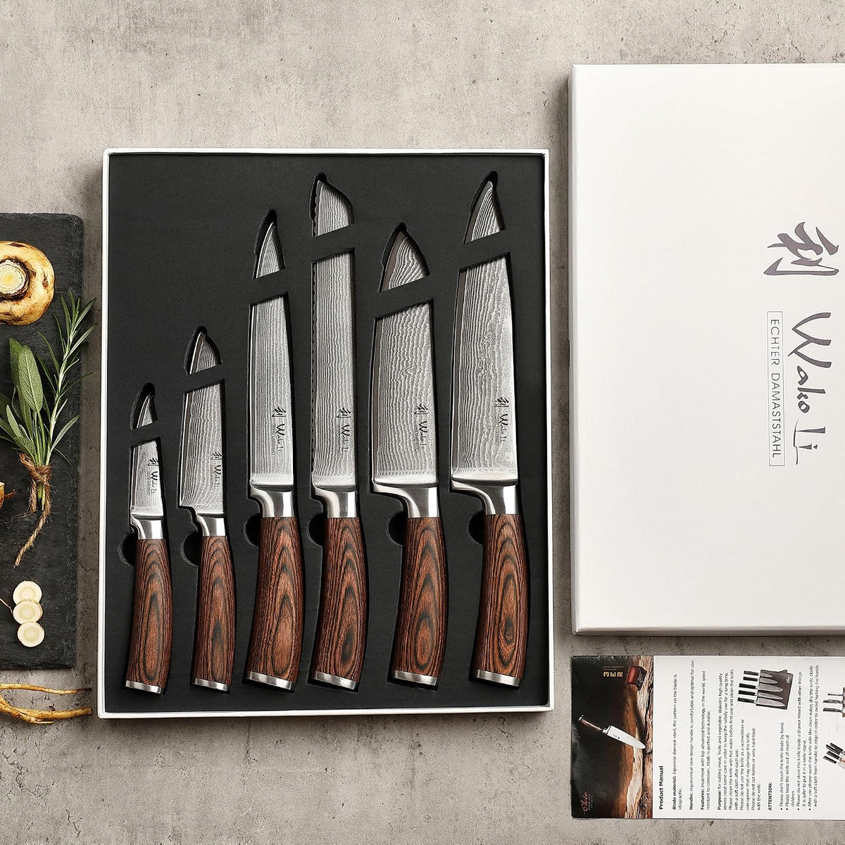 EDIB Magnetic Kitchen Knife Block Set, VG10 Damascus, 3-Piece Knives | Three VG10 Damascus chef knives with 67-layer steel blades, santoku knife set and magnetic knife block, pakkawood handles.