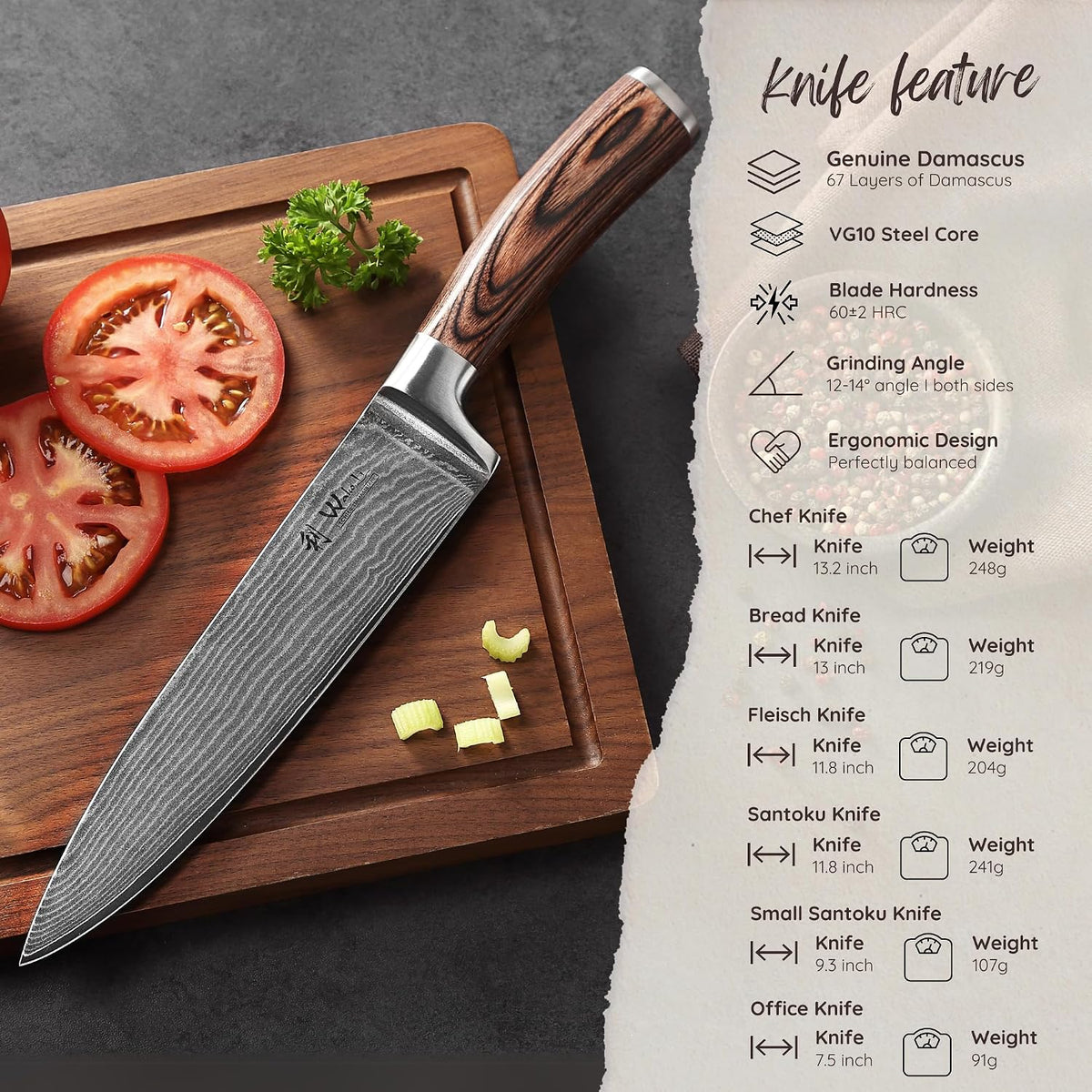 EDIB Magnetic Kitchen Knife Block Set, VG10 Damascus, 3-Piece Knives | Three VG10 Damascus chef knives with 67-layer steel blades, santoku knife set and magnetic knife block, pakkawood handles.