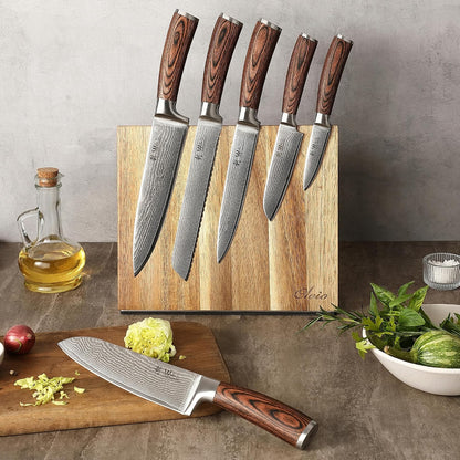 EDIB Magnetic Kitchen Knife Block Set, VG10 Damascus, 3-Piece Knives | Three VG10 Damascus chef knives with 67-layer steel blades, santoku knife set and magnetic knife block, pakkawood handles.