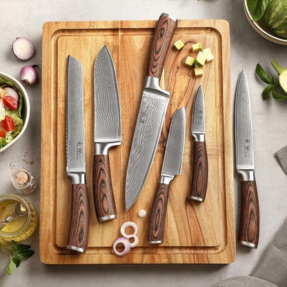 EDIB Magnetic Kitchen Knife Block Set, VG10 Damascus, 3-Piece Knives | Three VG10 Damascus chef knives with 67-layer steel blades, santoku knife set and magnetic knife block, pakkawood handles.